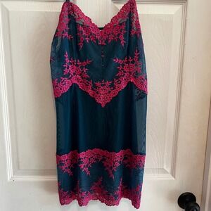 WACOAL Lace Trim Chemise Dress Teal & Pink Floral Lingerie Slip Sheer Nightie L